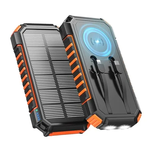Cargador-Solar-Power-Bank-20000mAh - A ADDTOP 22,5W USB C Carga Rápida Batería Externa Inalámbrica con 2 Cables Integrado y Linternas