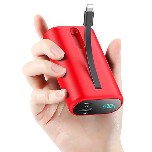 HETP Power Bank 10800mAh Bateria Externa para iPhone【con Cable Incorporado】 Ultra-Compact 15W PD 3A Cargador Portátil con Pantalla LCD