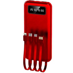 Batería de Carga Externa+Cables incorporados, powerbank roja 2 entradas USB