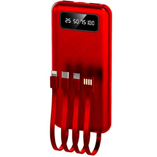 Batería de Carga Externa+Cables incorporados, powerbank roja 2 entradas USB