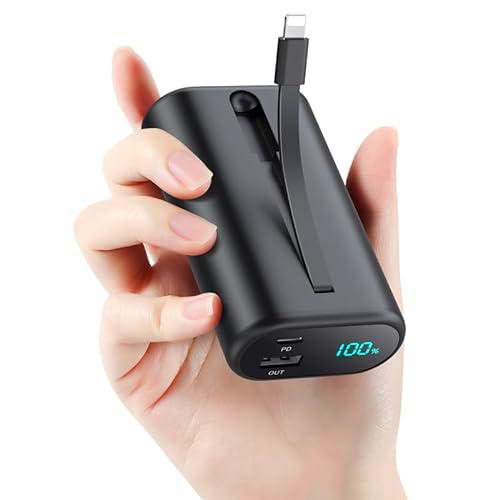 HETP Power Bank 10800mAh Bateria Externa para iPhone【con Cable Incorporado】 Ultra-Compact 15W PD 3A Cargador Portátil con Pantalla LCD