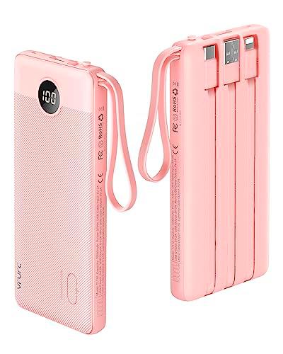 VRURC Power Bank 10000mAh Batería Externa con 4 Cables de Carga Integrados UCB C Cargador Movil Portátil Pantalla Digital LED con 4 Salidas y 2 entradas Compatible con Huawei y Smartphone
