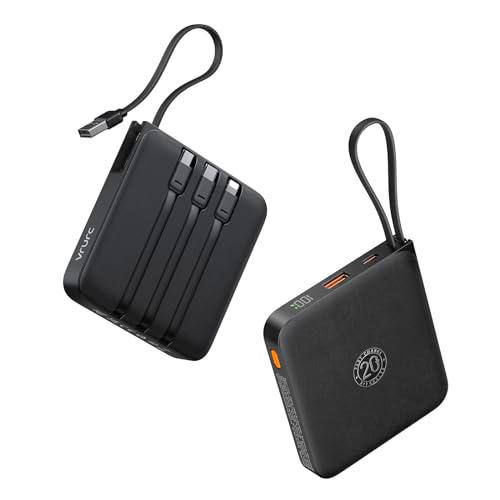 VRURC - Batería Externa de 20000 mAh con 4 Cables incorporados Mini Power Bank USB C 22,5 W Carga rápida Batería portátil con Pantalla LED para iPhone Samsung Huawei Xiaomi