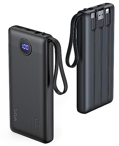 VRURC Power Bank 10000mAh Batería Externa con 4 Cables de Carga Integrados UCB C Cargador Movil Portátil Pantalla Digital LED con 4 Salidas y 2 entradas Compatible con Huawei y Smartphone