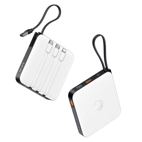 VRURC - Batería Externa de 20000 mAh con 4 Cables Integrados Mini Power Bank USB C 22,5 W Carga rápida Batería portátil con Pantalla LED para iPhone Samsung Huawei Xiaomi (Blanco)