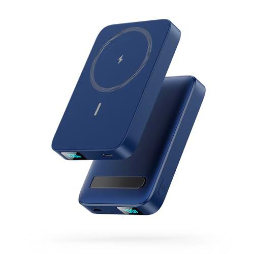 Power Bank Magnético para MagSafe, 10800mAh Bateria Externa Inalámbrica PD 22,5W USB C Carga Rapida Bateria Portatil con Soporte Plegable Pantalla LCD Power Bank para iPhone 16/15/14/13/12 Series-Azul