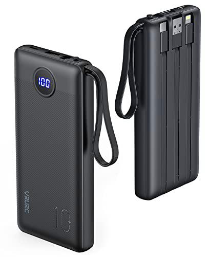 VRURC - Batería Externa con Cable Integrado de 10000 mAh Power Bank USB C 5 Salidas Ultra Delgada batería portátil con Pantalla LED para iPhone Huawei Samsung (Negro)